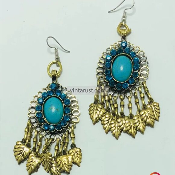 Handmade Turquoise Chandelier Earrings: Kuchi Boho Brass Dangle - Picture 5 of 9